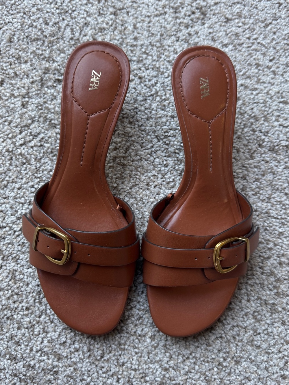 ZARA Tan Brown Leather Slide Mules with Brass Buckle